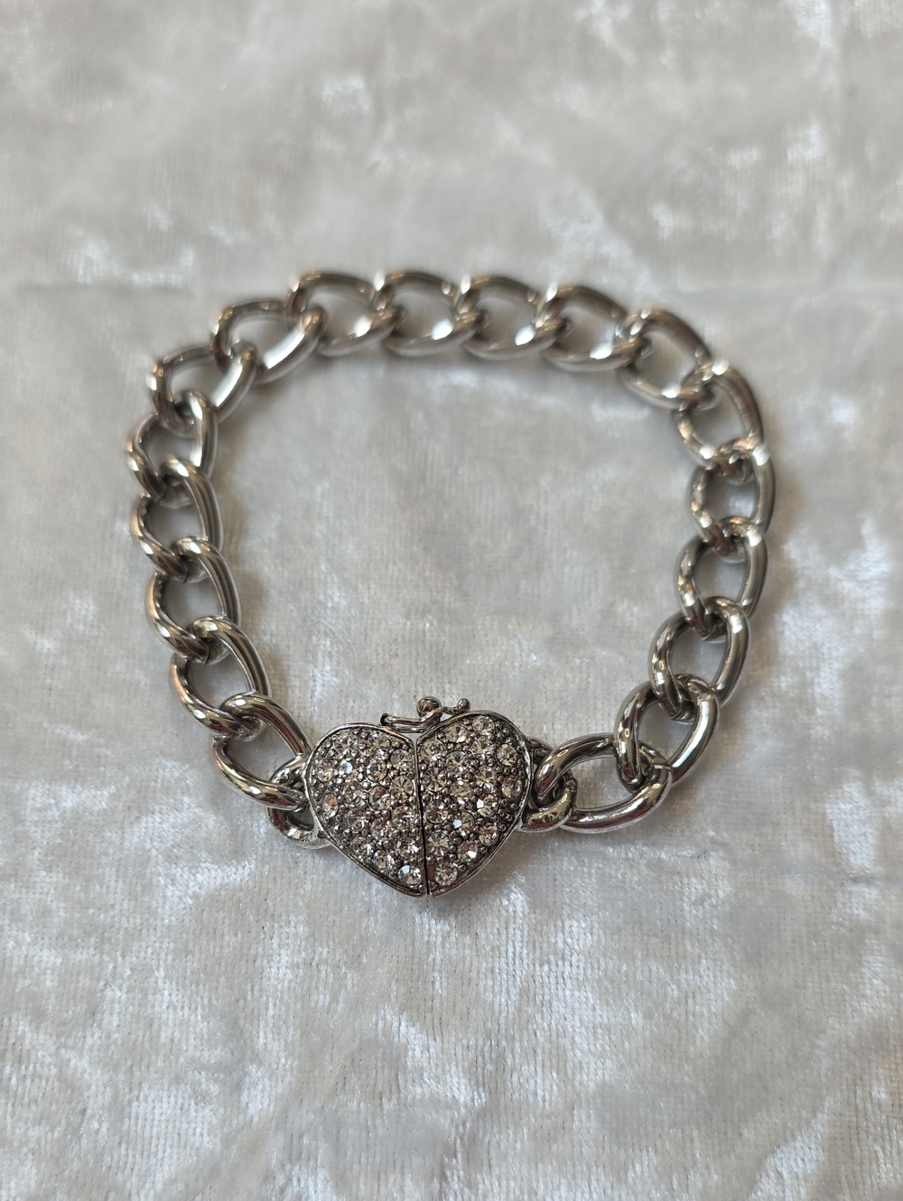 Monet Vintage Signed Silver Heart Pavé Chain Bracelet